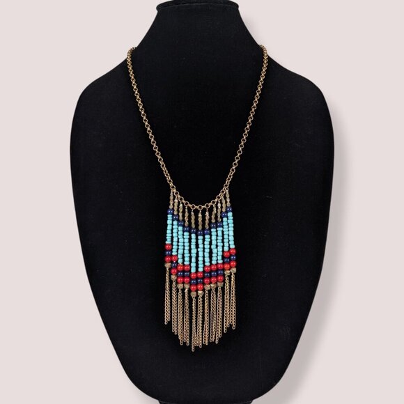 (2/$20) Dangling Red & Blue Seed Bead Necklace - Picture 1 of 5